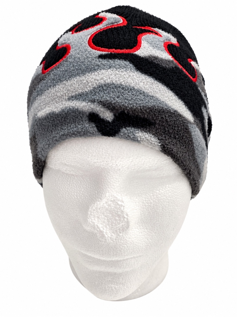 Y2K Flame Beanie Black Gray Red Camo Fleece Lined Skater Grunge Hat OS